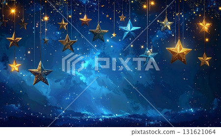 A blue starry night sky illustration with shiny Christmas stars, snowflakes, and holiday sparkle 131621064