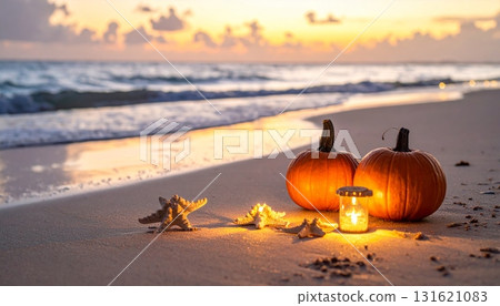 Pumpkin lantern glowing on the tropical beach sand near the ocean waves at sunset for a spooky fun Halloween vacation Pumpkin lantern glowing on the tropical beach sand near the ocean waves at sunset for a spooky fun Halloween vacation 131621083