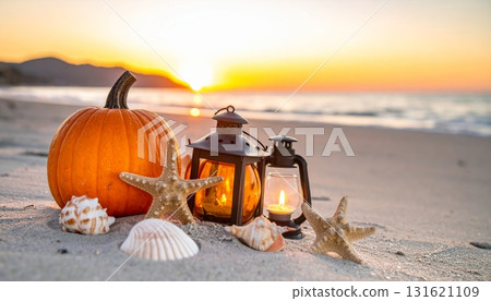 The autumn holiday harvest celebration is illustrated with orange pumpkins decorating the beach The autumn holiday harvest celebration is illustrated with orange pumpkins decorating the beach 131621109