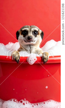 Cute jack russell terrier puppy on the beach, snow, and ice, wearing a red Christmas hat 131621198