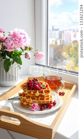 Delicious fresh fruit and pastry breakfast meal on the table or terrace 131621204