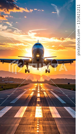 Sunset silhouette of an airplane landing or taking off against a vibrant sky at the airport, capturing the transportation and travel of aviation Sunset silhouette of an airplane landing or taking off against a vibrant sky at the airport, capturing the transportation and travel of aviation 131621211
