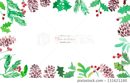 水彩畫。水彩冬青聖誕框架。聖誕節向量框架。松果和冬青。 131621280