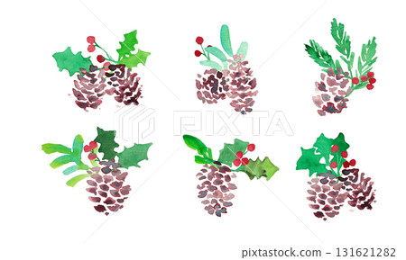 水彩畫。水彩冬青聖誕框架。聖誕節向量框架。松果和冬青。 131621282