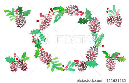 Watercolor painting. Watercolor holly Christmas frame. Christmas vector frame. Pine cones and holly. Watercolor painting. Watercolor holly Christmas frame. Christmas vector frame. Pine cones and holly. 131621283