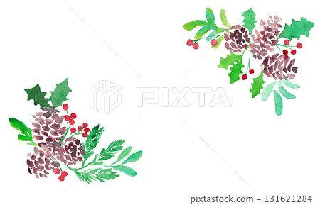 水彩畫。水彩冬青聖誕框架。聖誕節向量框架。松果和冬青。 131621284