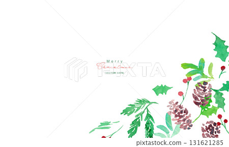 Watercolor painting. Watercolor holly Christmas frame. Christmas vector frame. Pine cones and holly. 131621285