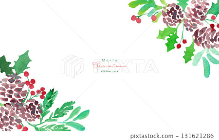水彩畫。水彩冬青聖誕框架。聖誕節向量框架。松果和冬青。 水彩畫。水彩冬青聖誕框架。聖誕節向量框架。松果和冬青。 131621286
