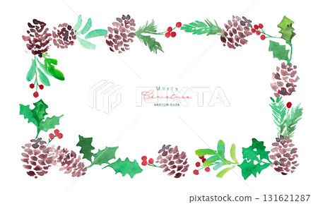 Watercolor painting. Watercolor holly Christmas frame. Christmas vector frame. Pine cones and holly. Watercolor painting. Watercolor holly Christmas frame. Christmas vector frame. Pine cones and holly. 131621287