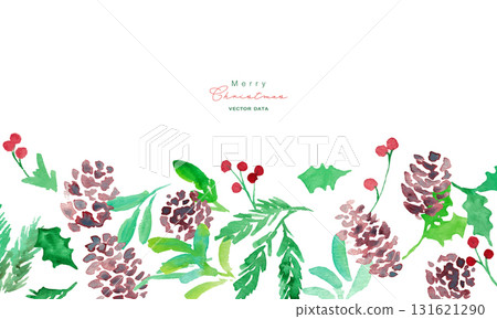 水彩畫。水彩冬青聖誕框架。聖誕節向量框架。松果和冬青。 131621290