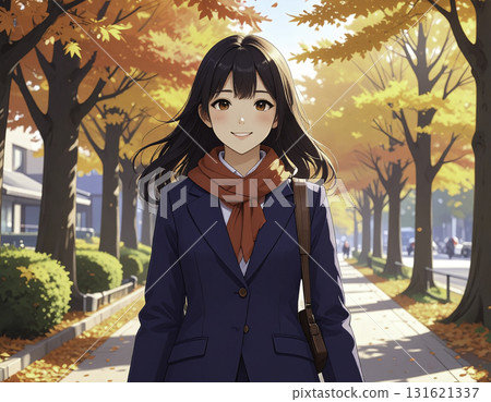 動漫風格的插圖,描繪了一名女學生在秋天沿著綠樹成蔭的小路散步 動漫風格的插圖,描繪了一名女學生在秋天沿著綠樹成蔭的小路散步 131621337