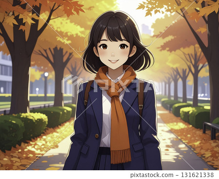 動漫風格的插圖，描繪了一名女學生在秋天沿著綠樹成蔭的小路散步 131621338