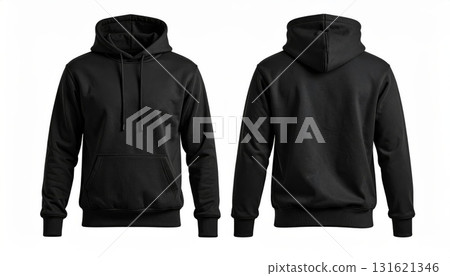 Two blank black hoodie templates. Long sleeve hooded sweatshirt with clipping path. Mockup hoodie for print design. Isolated on white background. Two blank black hoodie templates. Long sleeve hooded sweatshirt with clipping path. Mockup hoodie for print design. Isolated on white background. 131621346