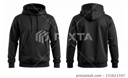 Two blank black hoodie templates. Long sleeve hooded sweatshirt with clipping path. Mockup hoodie for print design. Isolated on white background. Two blank black hoodie templates. Long sleeve hooded sweatshirt with clipping path. Mockup hoodie for print design. Isolated on white background. 131621347