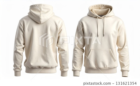 Two Blank Cream hoodie template. Hoodie sweatshirt long sleeve with clipping path, hoodie for design mockup for print, isolated on white background. Two Blank Cream hoodie template. Hoodie sweatshirt long sleeve with clipping path, hoodie for design mockup for print, isolated on white background. 131621354