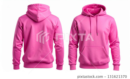 Two Blank Pink hoodie template. Hoodie sweatshirt long sleeve with clipping path, hoodie for design mockup for print, isolated on white background. 131621370