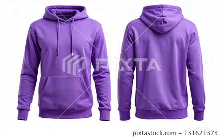 Two Blank Purple hoodie template. Hoodie sweatshirt long sleeve with clipping path, hoodie for design mockup for print, isolated on white background. 131621373