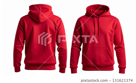 Two Blank Red hoodie template. Hoodie sweatshirt long sleeve with clipping path, hoodie for design mockup for print, isolated on white background. 131621374