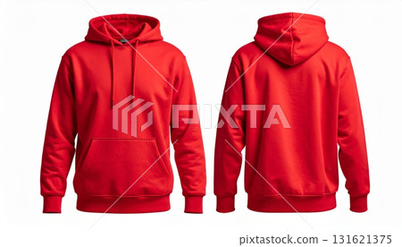Two Blank Red hoodie template. Hoodie sweatshirt long sleeve with clipping path, hoodie for design mockup for print, isolated on white background. 131621375