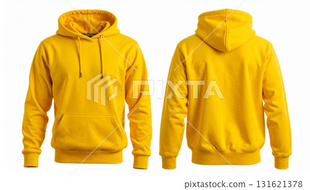 Two Blank Yellow hoodie template. Hoodie sweatshirt long sleeve with clipping path, hoodie for design mockup for print, isolated on white background. 131621378