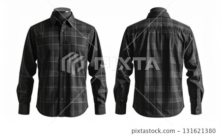 Two plaid shirts on mannequins display front and back on a white background. 131621380
