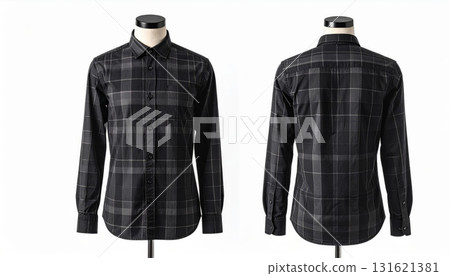 Two plaid shirts on mannequins display front and back on a white background. Two plaid shirts on mannequins display front and back on a white background. 131621381