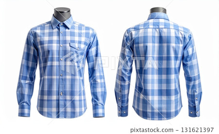Two plaid shirts on mannequins display front and back on a white background. Two plaid shirts on mannequins display front and back on a white background. 131621397