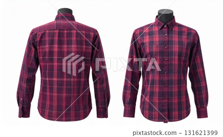 Two plaid shirts on mannequins display front and back on a white background. Two plaid shirts on mannequins display front and back on a white background. 131621399