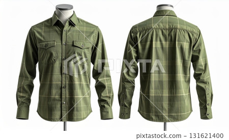 Two plaid shirts on mannequins display front and back on a white background. Two plaid shirts on mannequins display front and back on a white background. 131621400