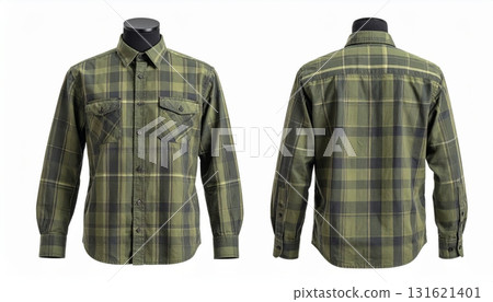 Two plaid shirts on mannequins display front and back on a white background. Two plaid shirts on mannequins display front and back on a white background. 131621401