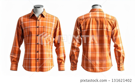 Two plaid shirts on mannequins display front and back on a white background. Two plaid shirts on mannequins display front and back on a white background. 131621402