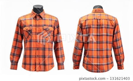 Two plaid shirts on mannequins display front and back on a white background. Two plaid shirts on mannequins display front and back on a white background. 131621403
