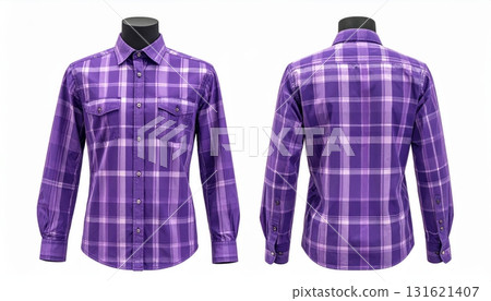 Two plaid shirts on mannequins display front and back on a white background. Two plaid shirts on mannequins display front and back on a white background. 131621407