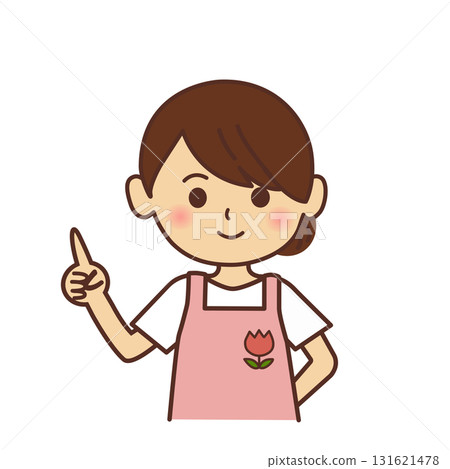 圖解：一位穿著圍裙的幼兒園老師。指點，幼稚園老師，女人，絨毛玩具，圍裙，老師，幼稚園， 131621478