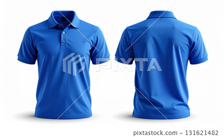 Two polo shirts showing the front and back view separated on a white background. 131621482