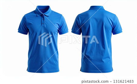 Two polo shirts showing the front and back view separated on a white background. 131621483