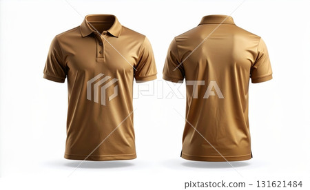Two polo shirts showing the front and back view separated on a white background. 131621484