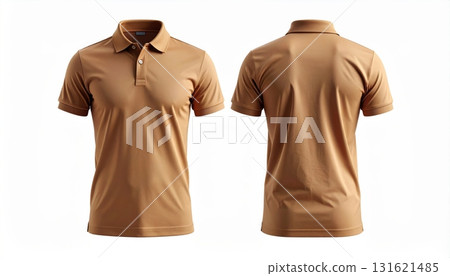 Two polo shirts showing the front and back view separated on a white background. Two polo shirts showing the front and back view separated on a white background. 131621485