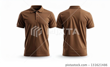 Two polo shirts showing the front and back view separated on a white background. Two polo shirts showing the front and back view separated on a white background. 131621486
