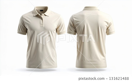 Two polo shirts showing the front and back view separated on a white background. 131621488