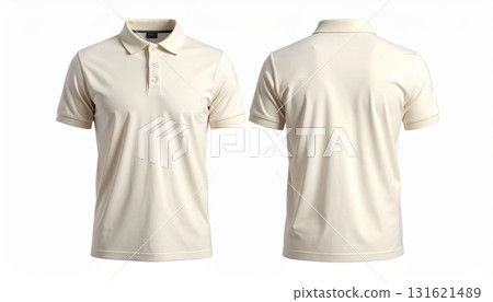 Two polo shirts showing the front and back view separated on a white background. 131621489