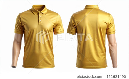 Two polo shirts showing the front and back view separated on a white background. 131621490