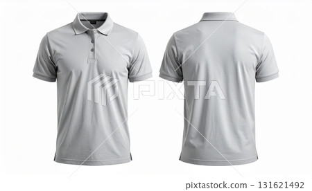 Two polo shirts showing the front and back view separated on a white background. 131621492