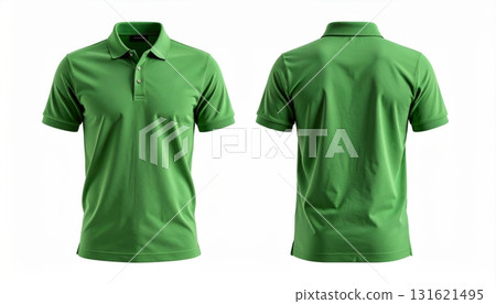 Two polo shirts showing the front and back view separated on a white background. 131621495