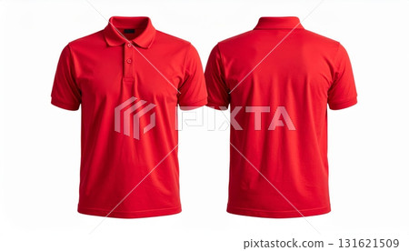 Two polo shirts showing the front and back view separated on a white background. Two polo shirts showing the front and back view separated on a white background. 131621509