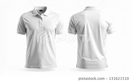 Two polo shirts showing the front and back view separated on a white background. 131621510