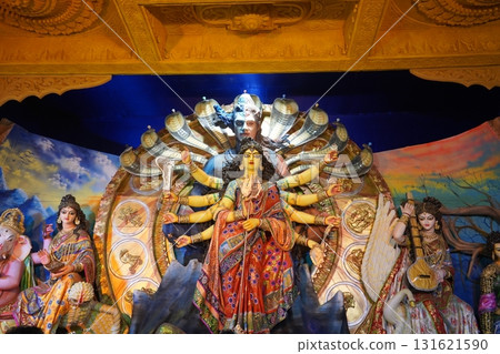 Magnificent Goddess Durga Family Idol in Pandal During Indian Festival 131621590