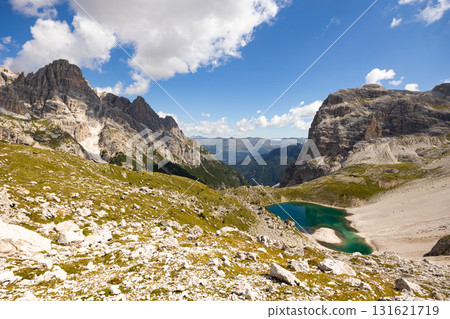 View of rocky summits of Sexten Dolomites and mountain lakes Laghi dei Piani 131621719