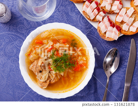 Shchi soup with beef served in bowl Shchi soup with beef served in bowl 131621878