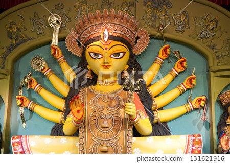 Traditional Goddess Durga and Family Idol with Pandal Decorations 131621916